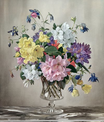 Rhododendren, Azaleen und Akelei in einer Glasvase von Albert Williams